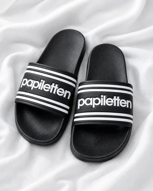Papiletten Badeschlappen für Papa | Geschenk zur Babyparty, Geburt oder Vatertag | Schwarze Slides für werdende Väter