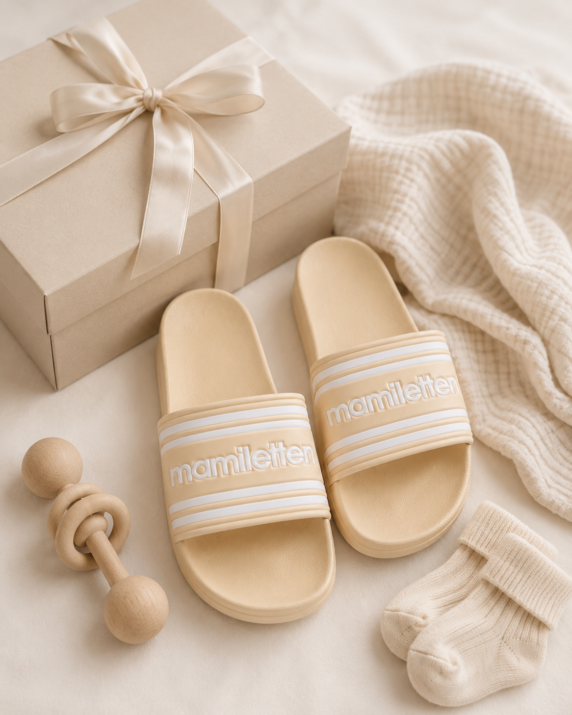 Mamiletten Badeschlappen für Mama | Geschenk zur Babyparty, Geburt oder Muttertag | Beige Slides für werdende Mütter