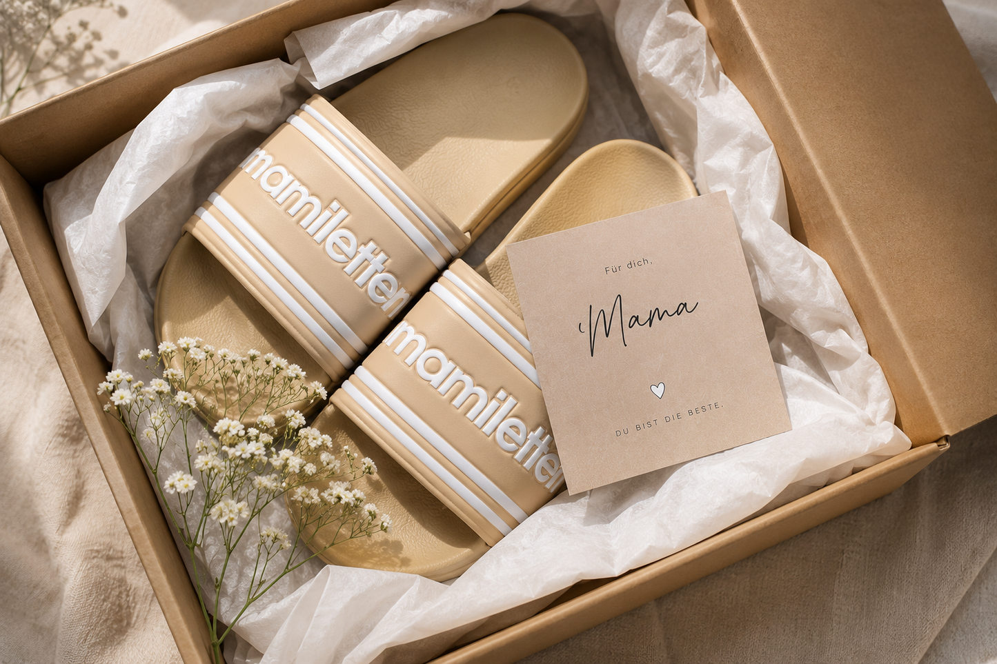 Mamiletten Badeschlappen für Mama | Geschenk zur Babyparty, Geburt oder Muttertag | Beige Slides für werdende Mütter
