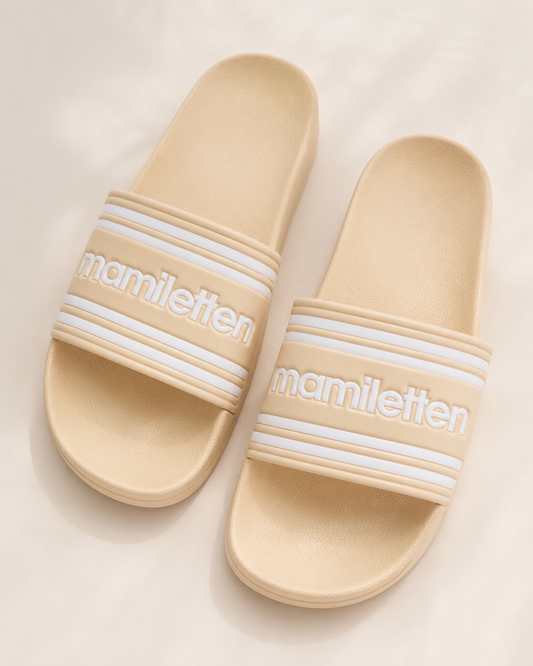 Mamiletten Badeschlappen für Mama | Geschenk zur Babyparty, Geburt oder Muttertag | Beige Slides für werdende Mütter