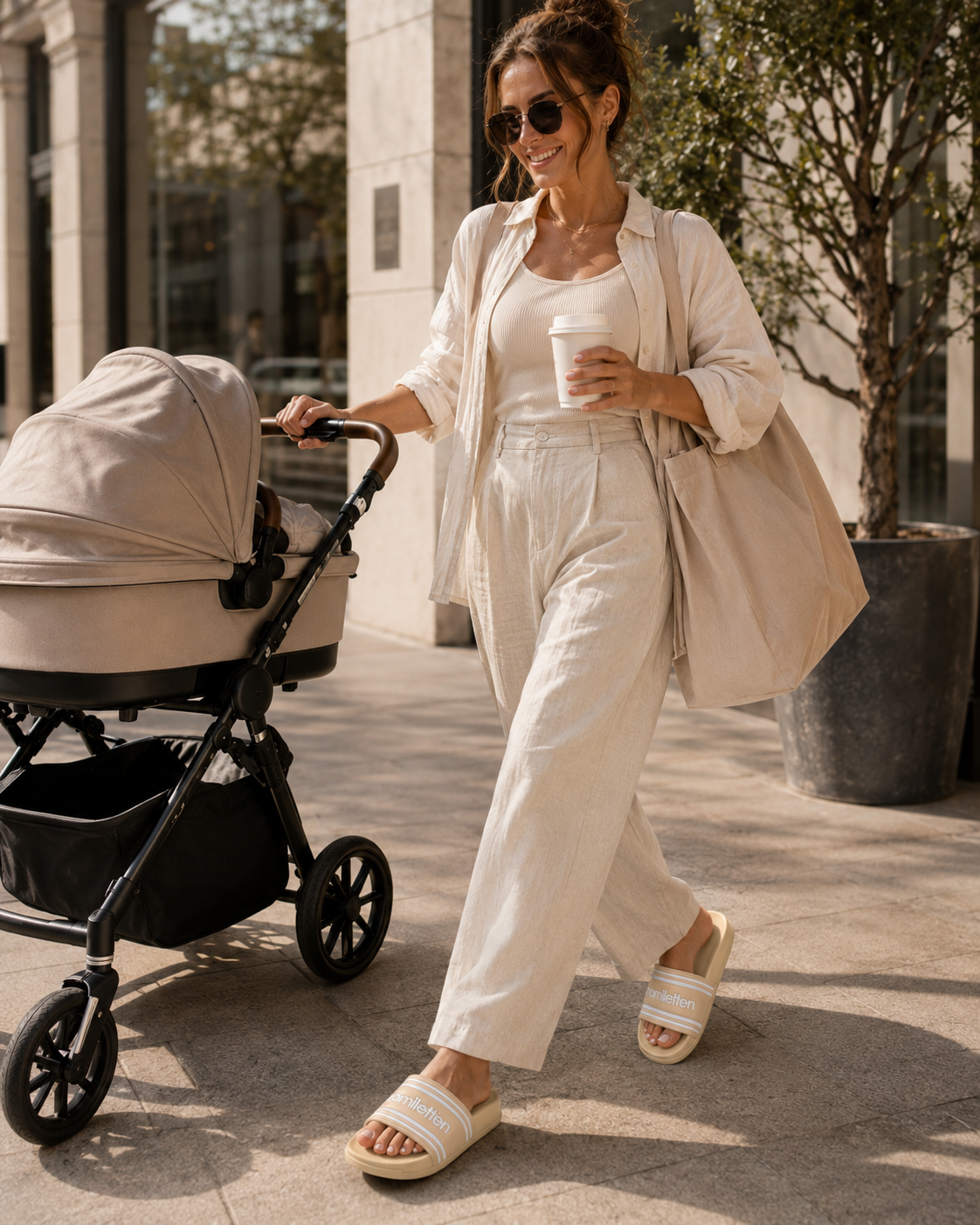 Mamiletten Badeschlappen für Mama | Geschenk zur Babyparty, Geburt oder Muttertag | Beige Slides für werdende Mütter